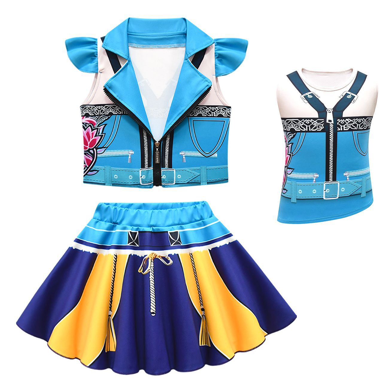 Girls K-Pop Demon Hunters Zoey Costume - Blue Yellow Shirt Vest Skirt Set Zoey Cosplay