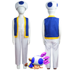 Super Mario Bros Blue Toad Costume - Pants Vest Hat Set Toad Cosplay