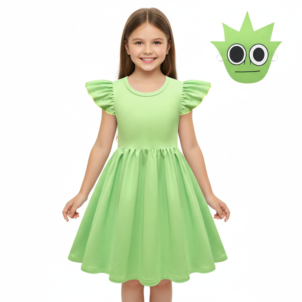 Girls Sprunki Lime OWAKCX Costume - Dress Mask Set Lime Sprunki Cosplay