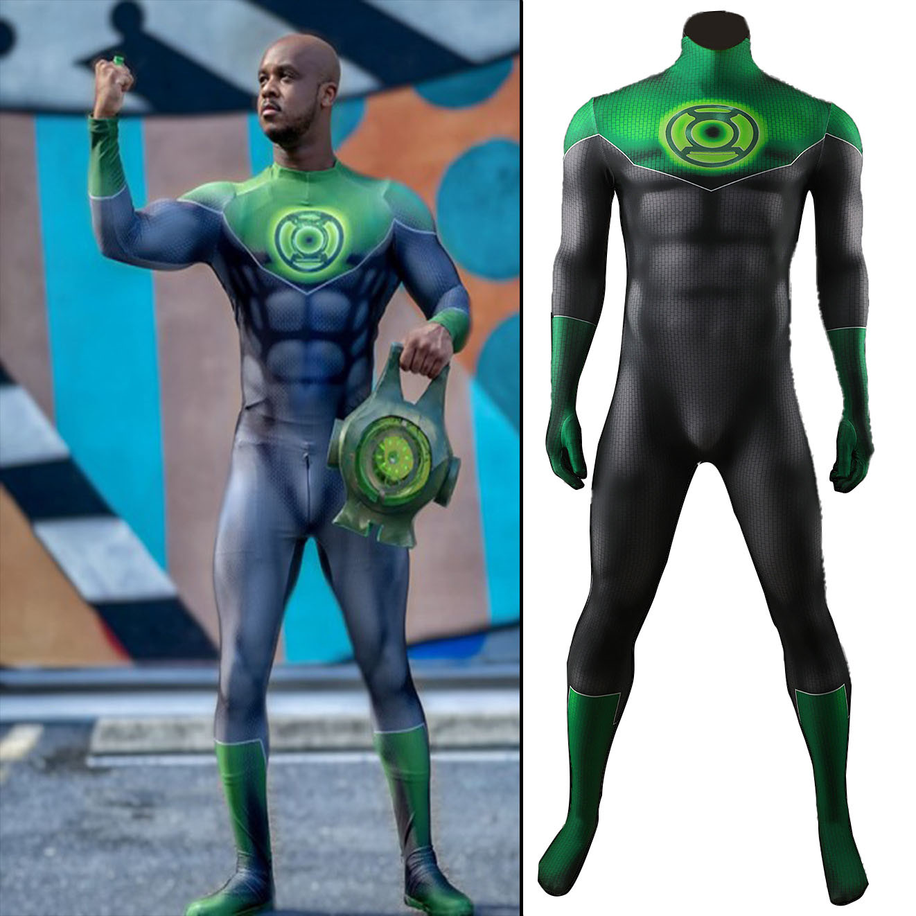 Green Lantern John Stewart Costume - Black Green Muscle Pattern Bodysuit Green Lantern Cosplay