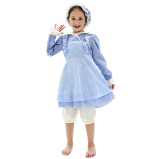 Girls Colonial Pioneer Maid Costume - Short Blue Dress Pants Hat Set Pilgrim Cosplay