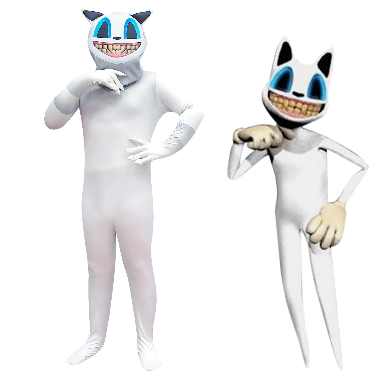 Kids Roblox Trevor Henderson's Cartoon Cat Costume - White Bodysuit Mask Cartoon Cat Cosplay