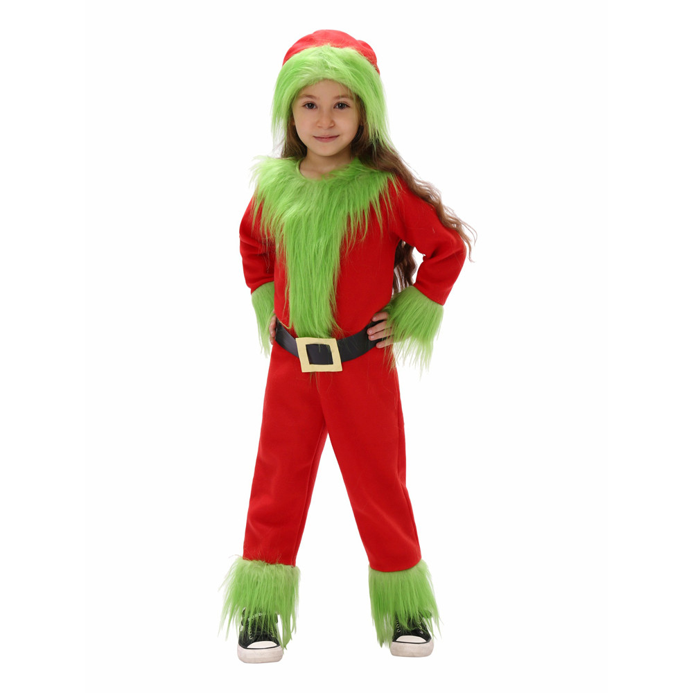 Kids Grinch Santa Costume - Red Fuzzy Suit Grinch Santa Cosplay