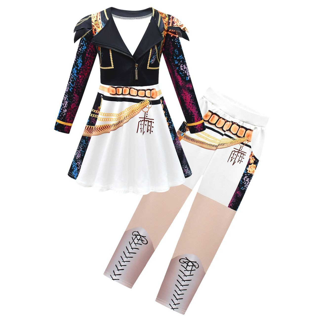 Girls K-Pop Demon Hunters Rumi Costume - Black White Gold Mini Dress Pants Set Stage Outfit Rumi Cosplay
