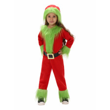 Kids Grinch Santa Costume - Red Fuzzy Suit Grinch Santa Cosplay