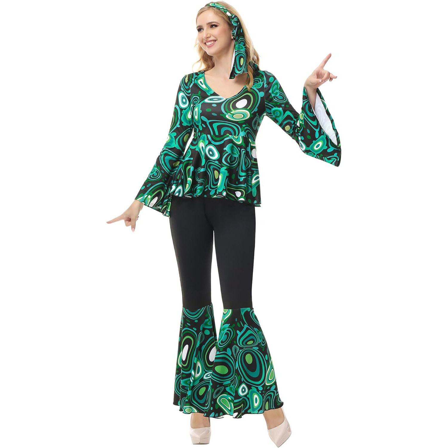 Women's Hippie 70's Costume - Shirt Pants Bandana Set Hippie Cosplay