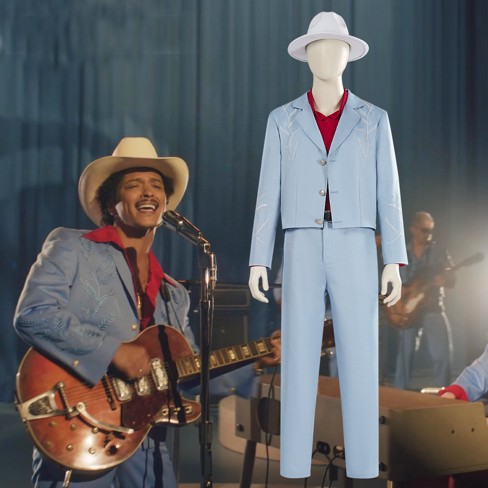 Bruno Mars Die With A Smile Music Video Outfit Costume - Blue Suit Hat Full Set Bruno Mars Cosplay