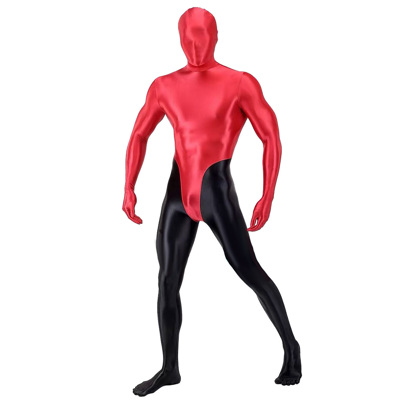 Two Tone Red And Black Halloween Funny Costume - Red Black Bodysuit Mask Two Tone Cosplay
