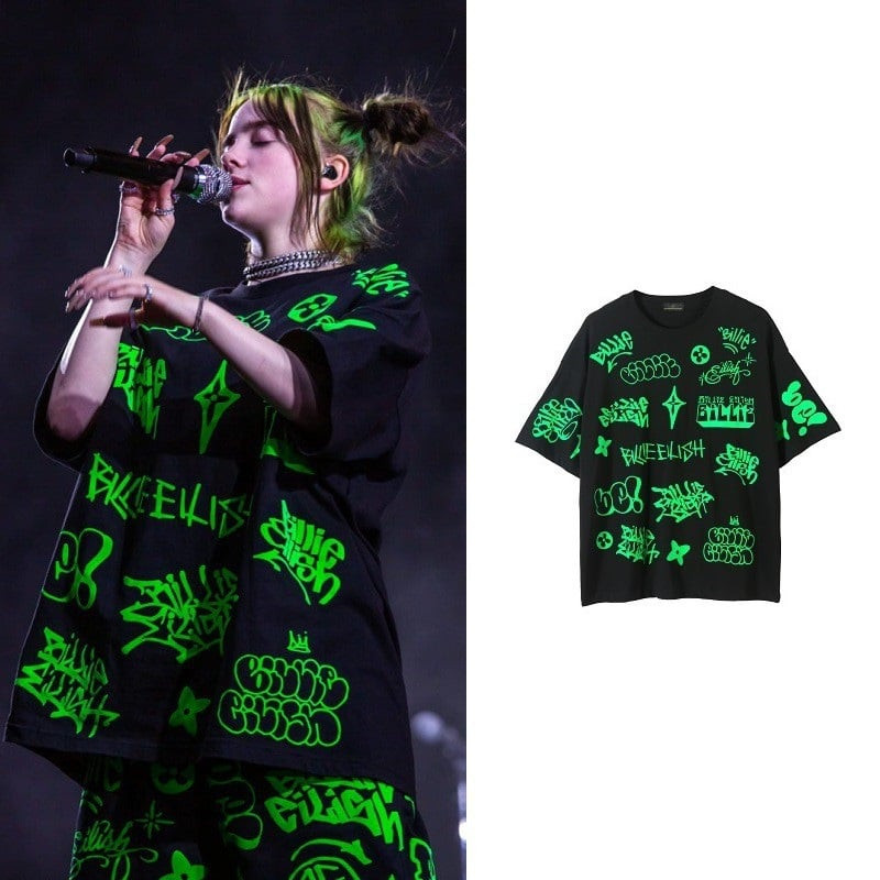 Billie Eilish Costume - Billie Eilish Concert Black Oversize Shirt Logo Print Short Sleeve T-Shirt and Shorts Billie Eilish Cosplay
