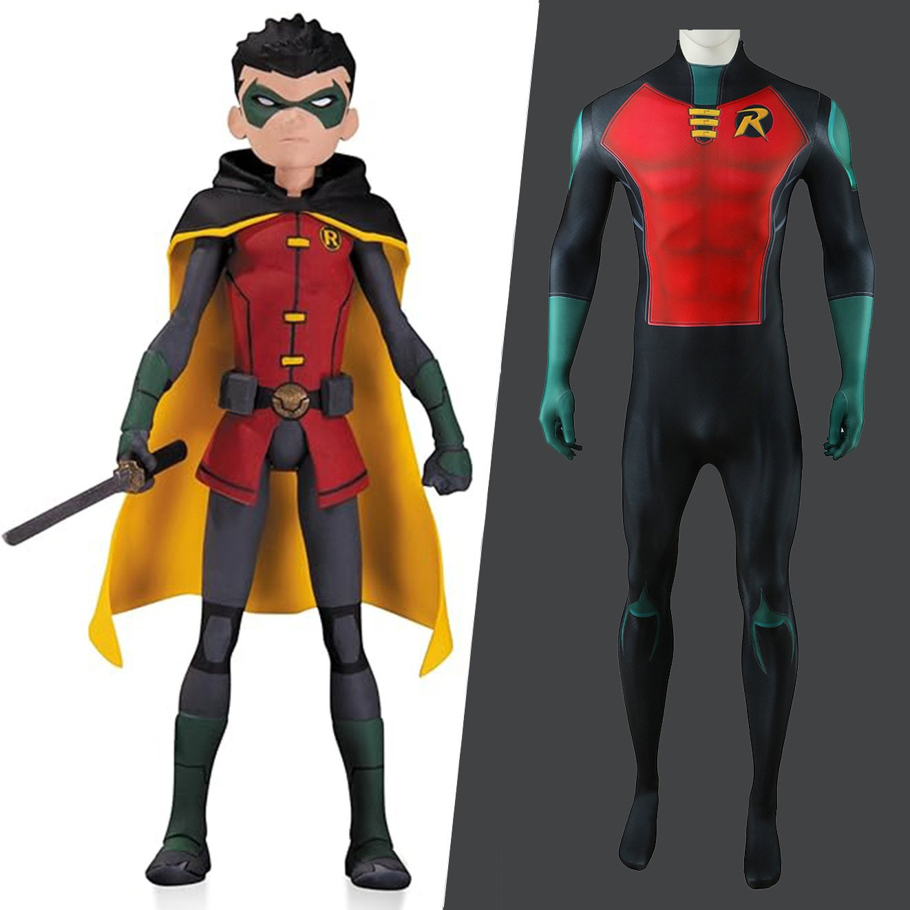 Son of Batman Robin Costume - Red Green Bodysuit Animated DC Robin Cosplay