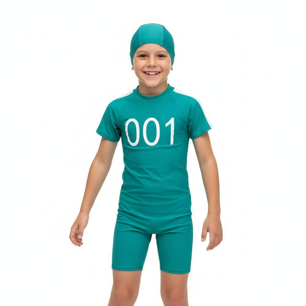 Kids Squid Game 001 Swimsuit Costume - One Piece Green Swimsuit with Swimming Cap Squid Game Cosplay
