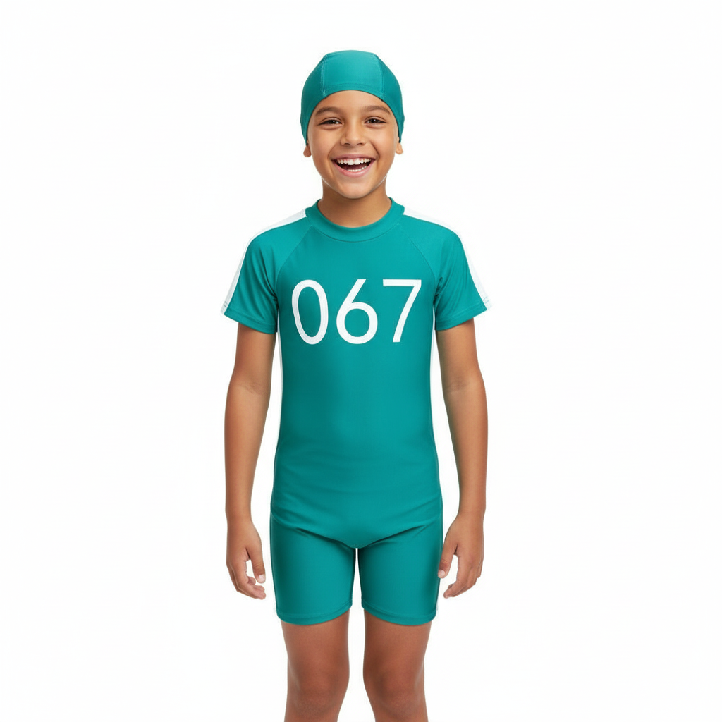 Kids Squid Game 067 Swimsuit Costume - One Piece Green Swimsuit with Swimming Cap Squid Game Cosplay