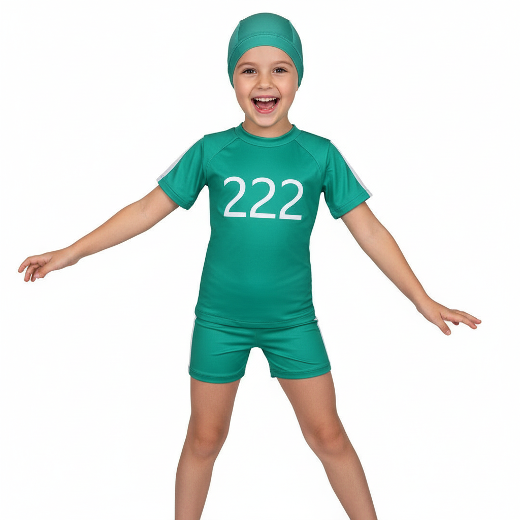 Kids Squid Game 222 Swimsuit Costume - Two Piece Green Swimsuit with Swimming Cap Squid Game Cosplay