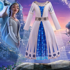 Girls Disney Wish Movie Queen Amaya Costume - White Blue Dress Queen Amaya Cosplay