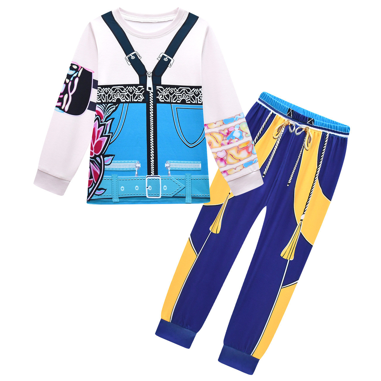 Girls K-Pop Demon Hunters Zoey Costume - Blue Yellow Shirt Pants Set Zoey Cosplay