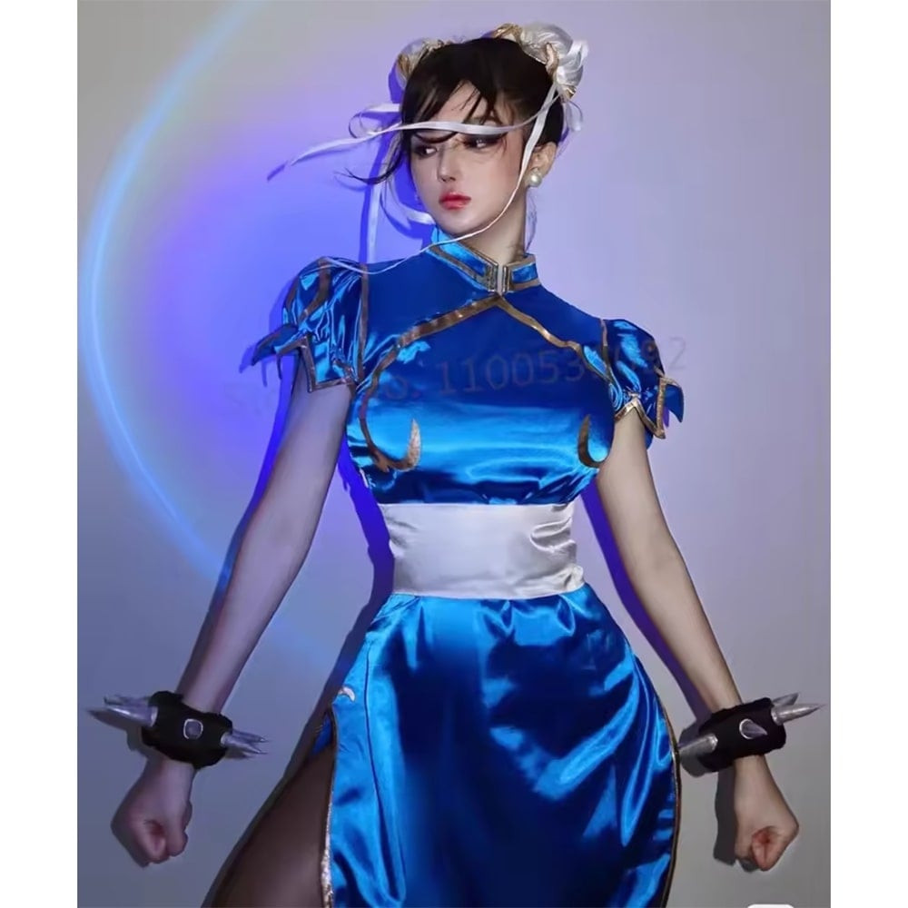 Street Fighter Chun Li Costume - Blue Gold Fighting Dress Chun Li Cosplay