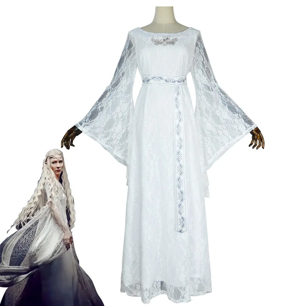 Lord of the RIngs Elf Queen Galadriel Costume - White Lace Dress Elf Queen Galadriel Cosplay