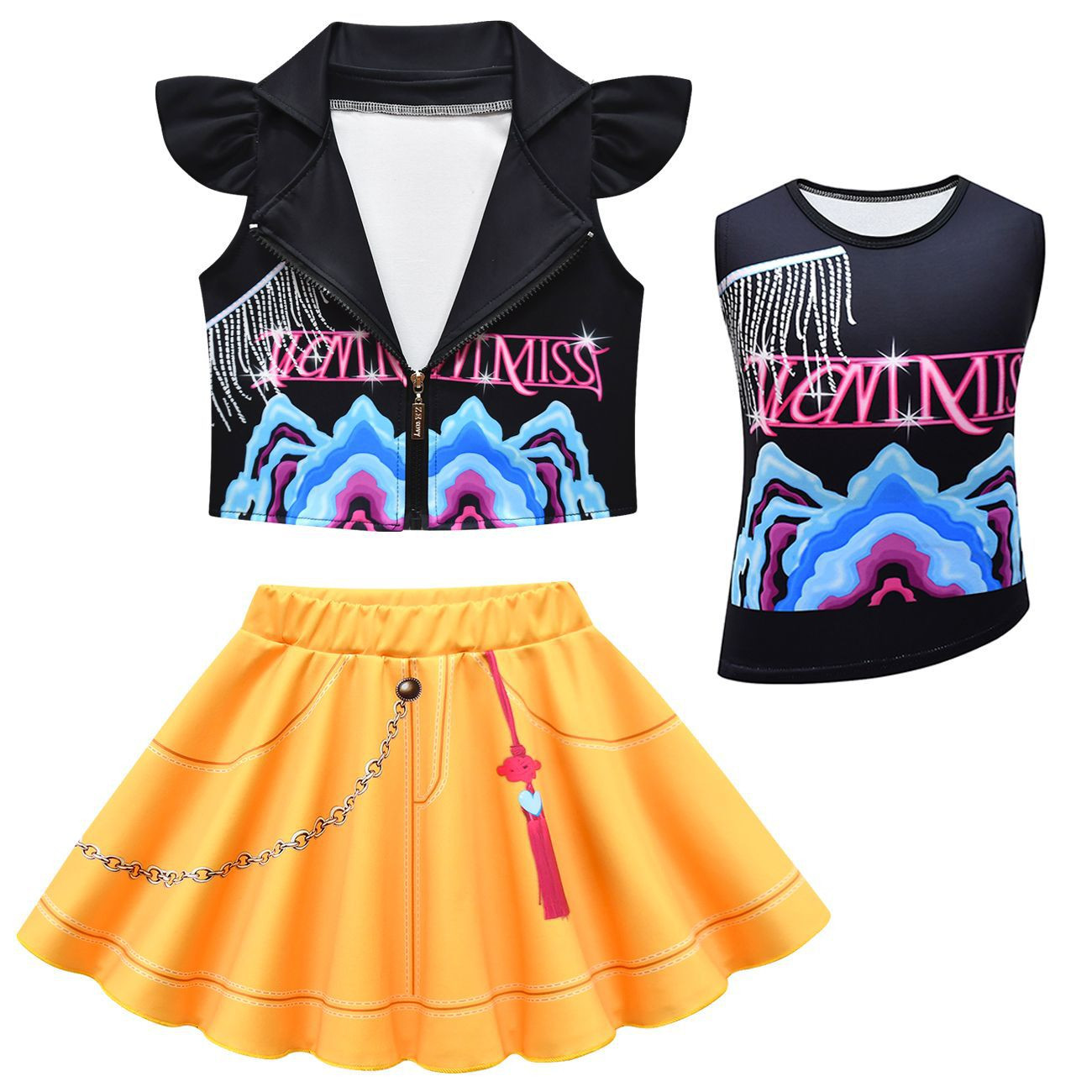 Girls K-Pop Demon Hunters Mira Costume - Black Yellow Shirt Vest Skirt Set Mira Cosplay
