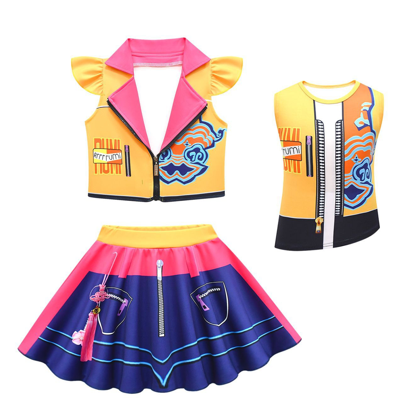 Girls K-Pop Demon Hunters Rumi Costume - Yellow Purple Shirt Vest Skirt Set Rumi Cosplay