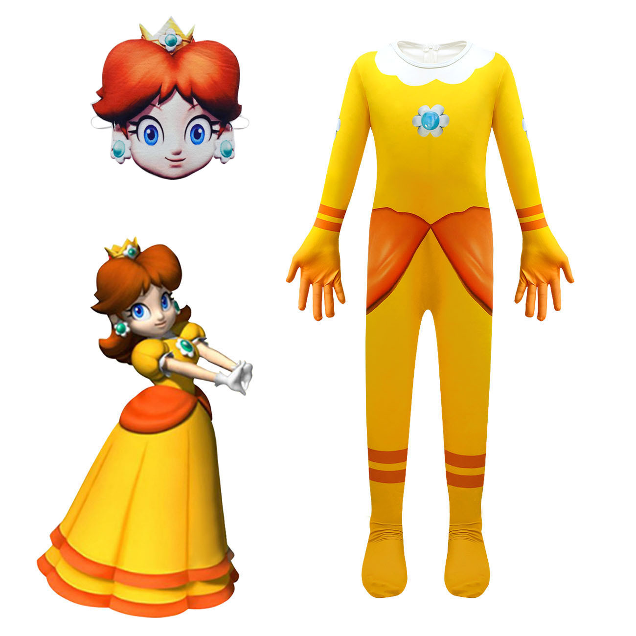 Girls Super Mario Bros Princess Daisy Costume - Yellow Jumpsuit Mask Set Princess Daisy Cosplay