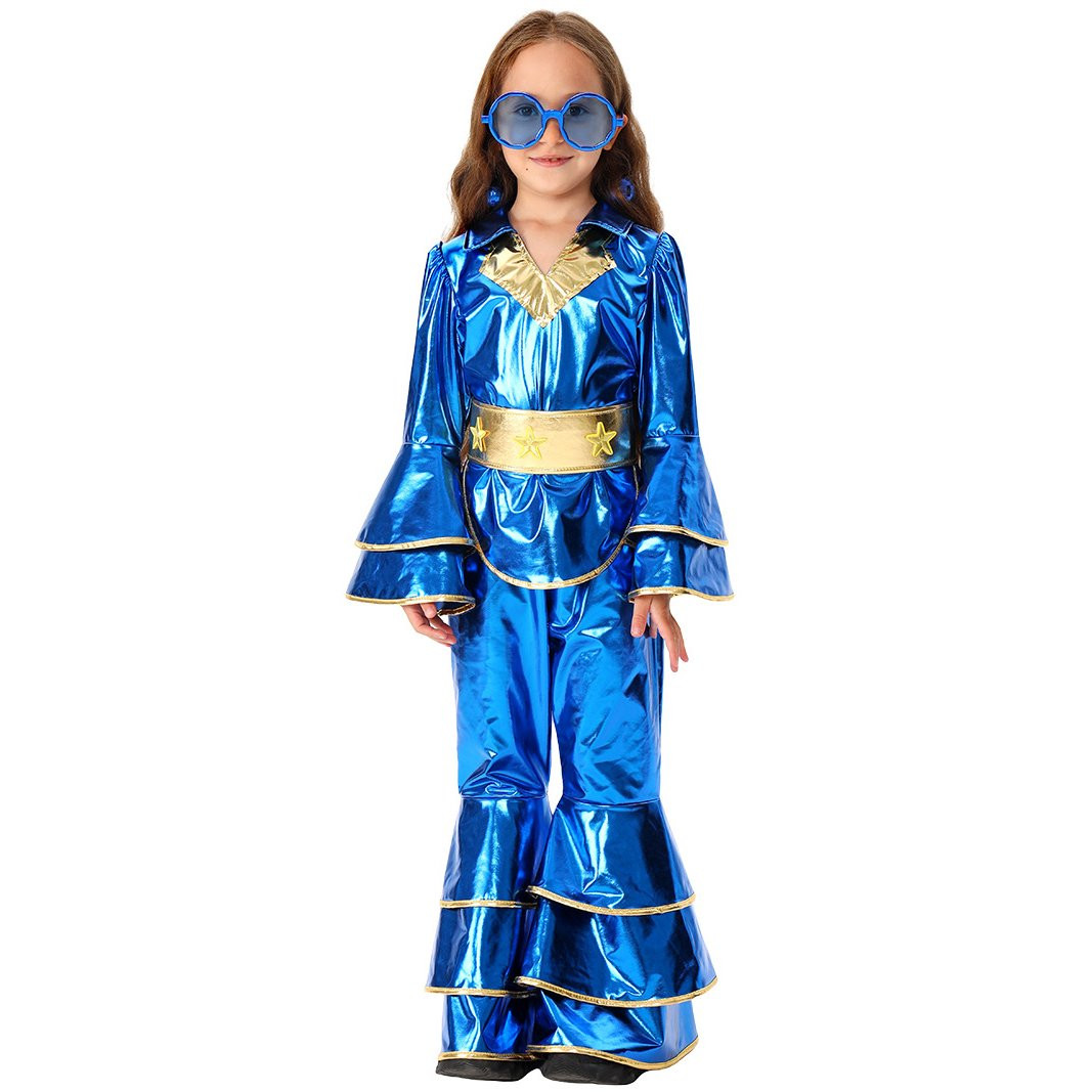 Girls Blue Disco Queen Costume - Sparkling Jumpsuit Disco Cosplay