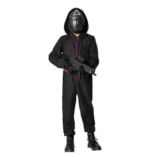 Kids Squid Game Masked Officer Costume - Black Jumpsuit Mask Set Masked Guard Cosplay