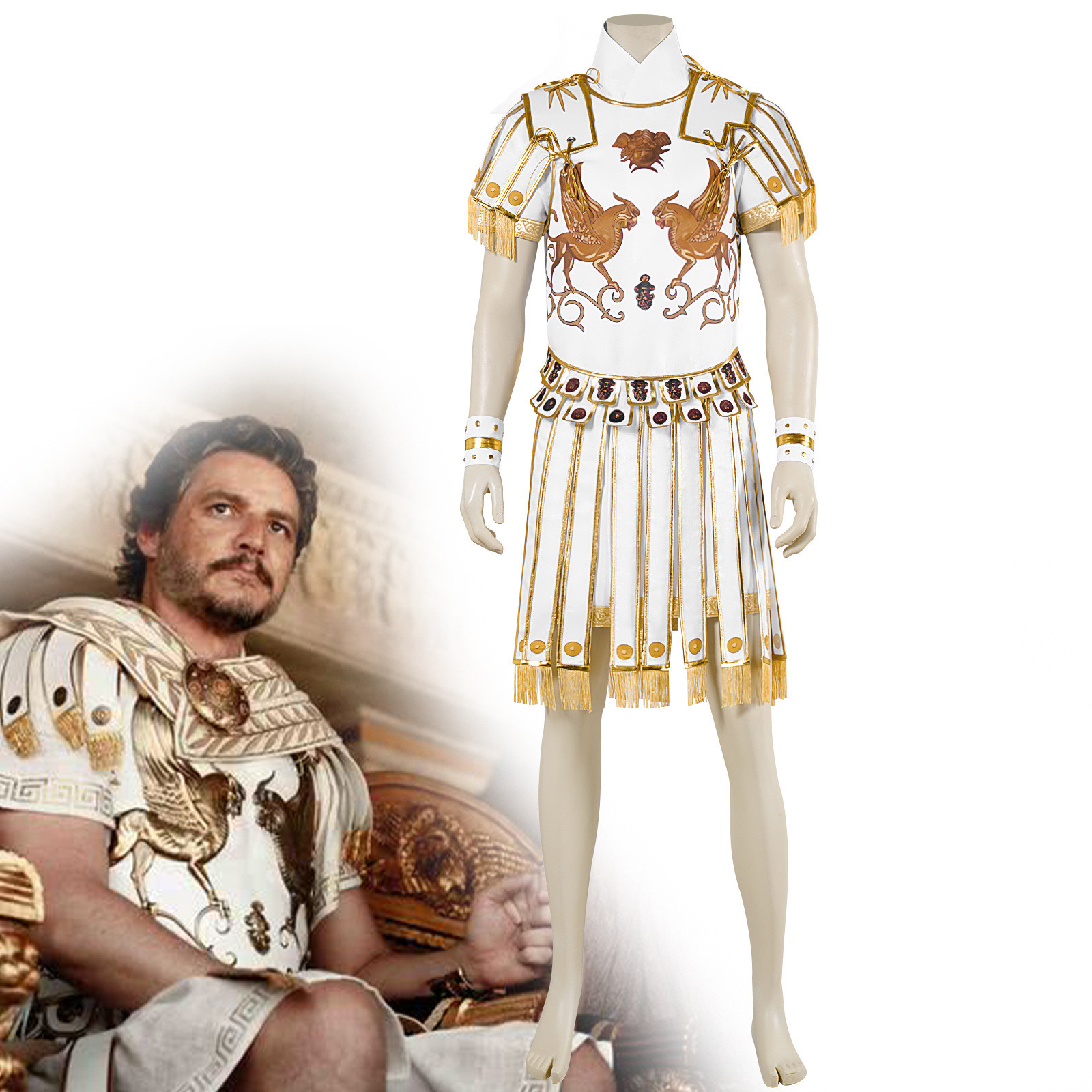 Gladiator 2 General Acacius Pedro Pascal Deluxe Costume - White Gold Shirt Skirt Set General Acacius Cosplay