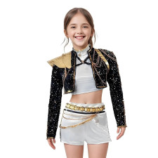Girls KPop Demon Hunters Rumi Stage Costume - Sparkling Black & White Shirt Shorts Full Set Kpop Rumi Cosplay