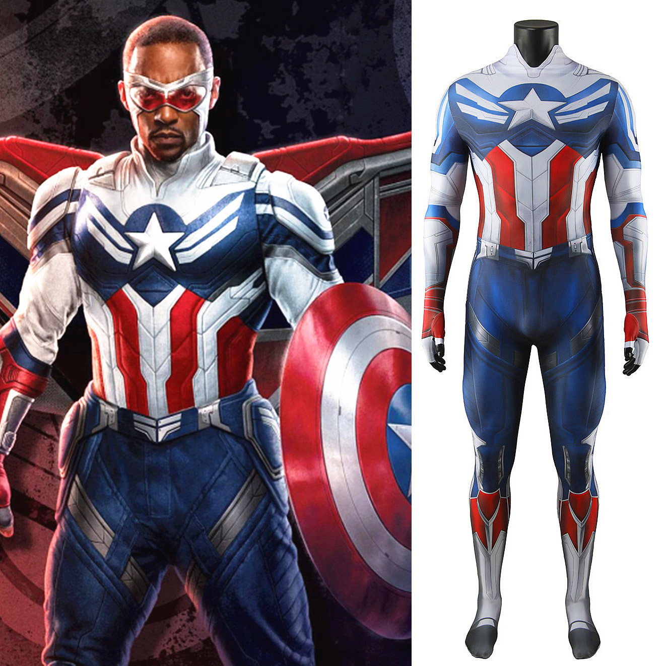 Captain America Brave New World Sam Wilson Costume - Blue Red White Bodysuit Captain America Cosplay